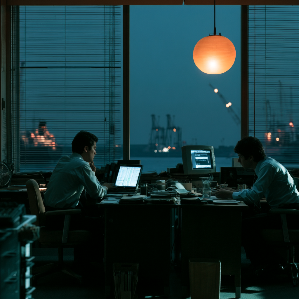 Two engineers working late in a shipyard office overlooking harbour cranes at dusk